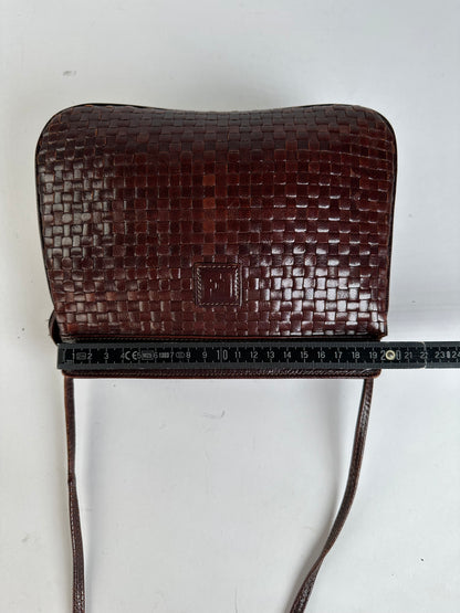 Vintage Fendi Woven Leather Flap Crossbody Bag Late 1990s Dark Brown