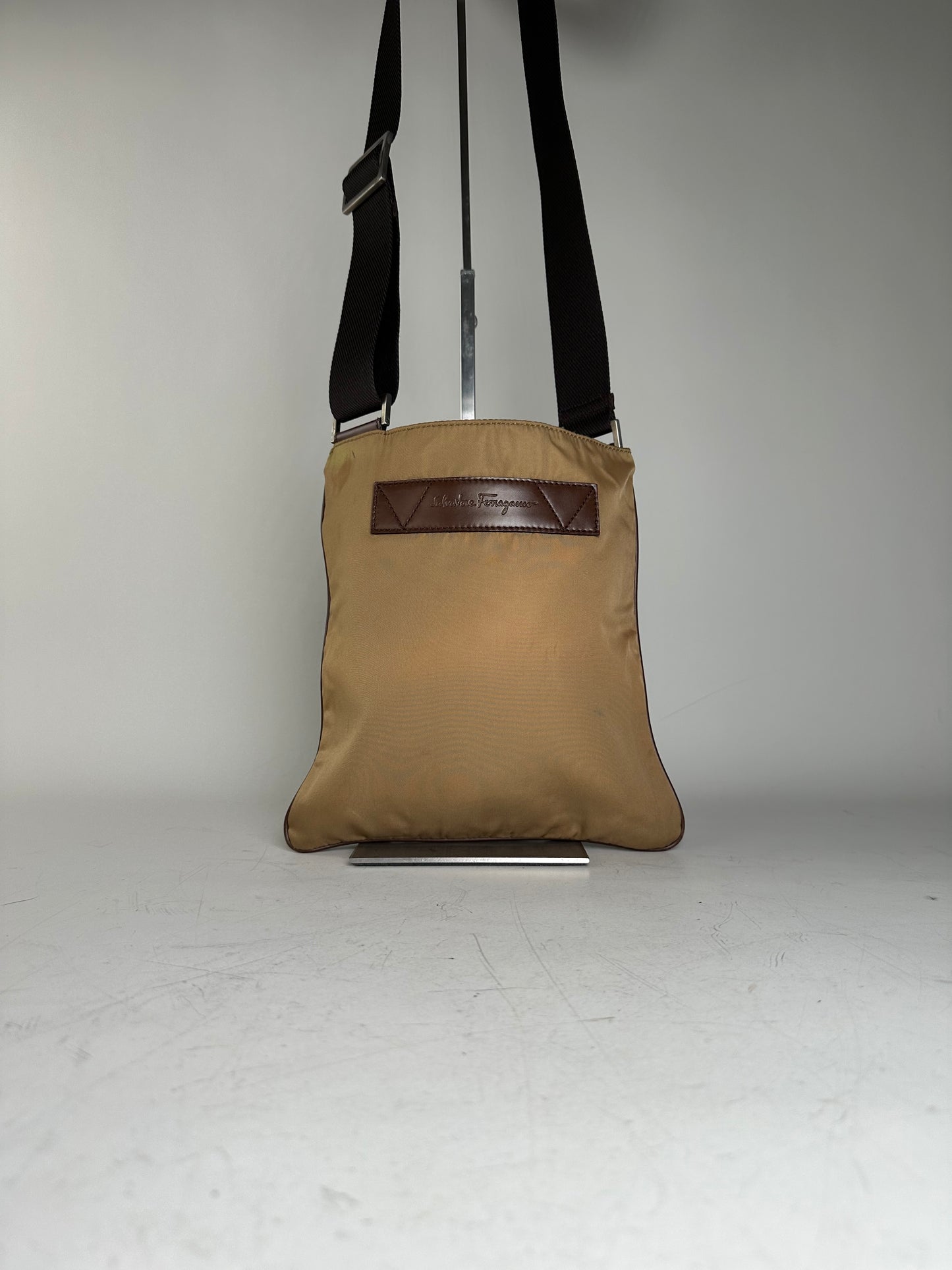 Vintage Ferragamo Nylon Shoulder Bag Beige Silver-Tone
