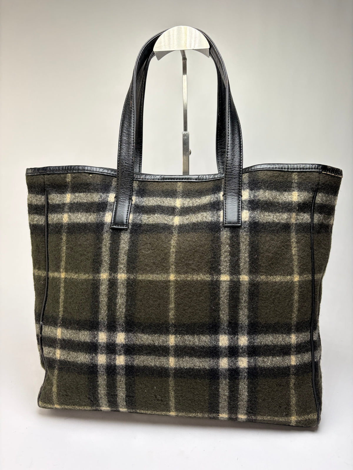 Vintage Burberry Plaid Wool Tote Dark Green Black Cream