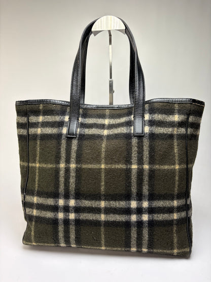 Vintage Burberry Plaid Wool Tote Dark Green Black Cream