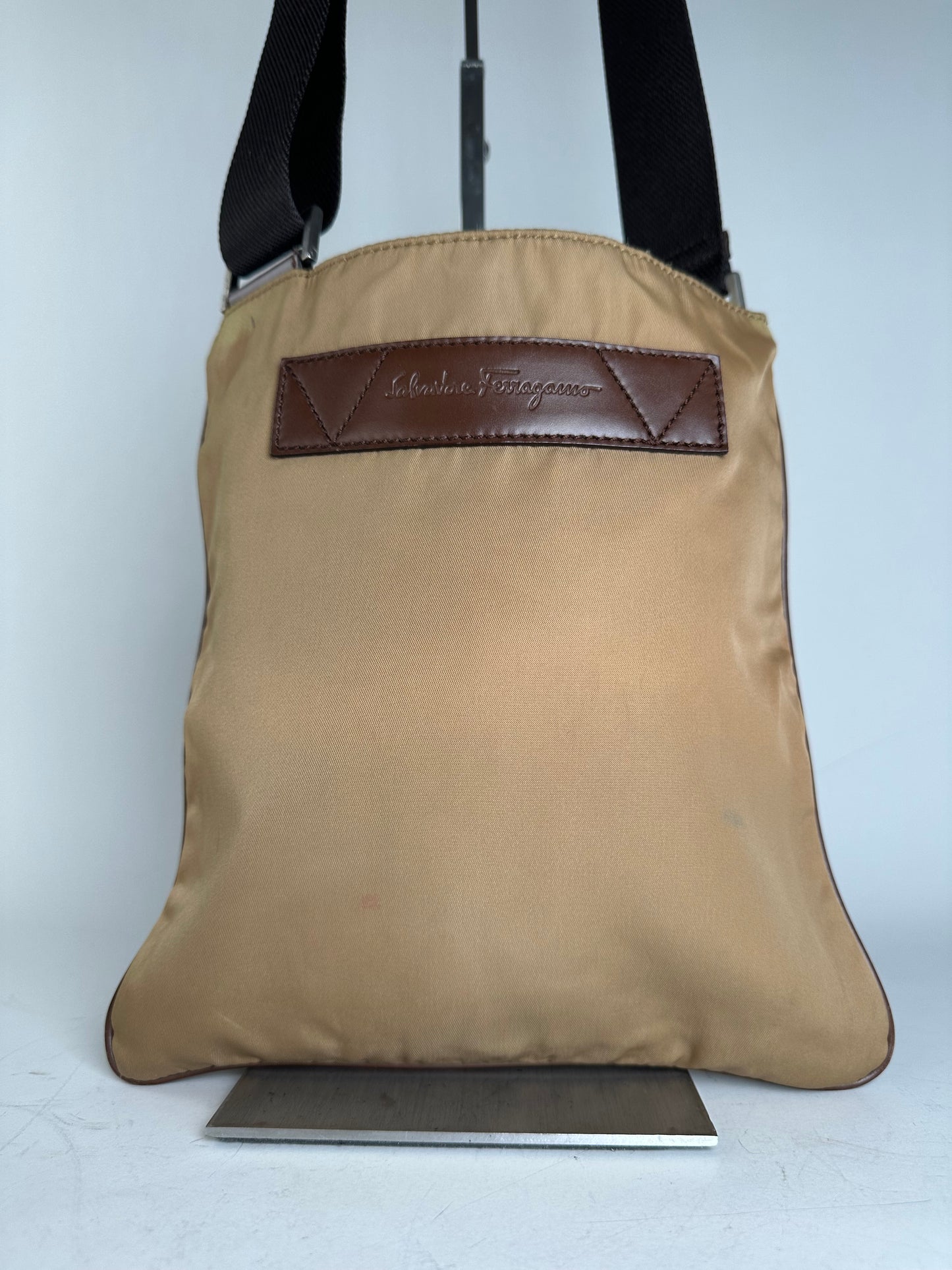 Vintage Ferragamo Nylon Shoulder Bag Beige Silver-Tone