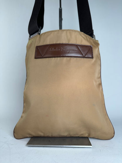 Vintage Ferragamo Nylon Shoulder Bag Beige Silver-Tone