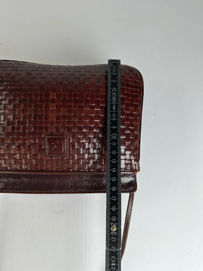 Vintage Fendi Woven Leather Flap Crossbody Bag Late 1990s Dark Brown