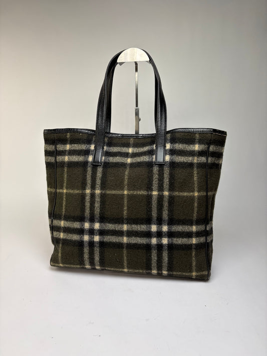 Vintage Burberry Plaid Wool Tote Dark Green Black Cream