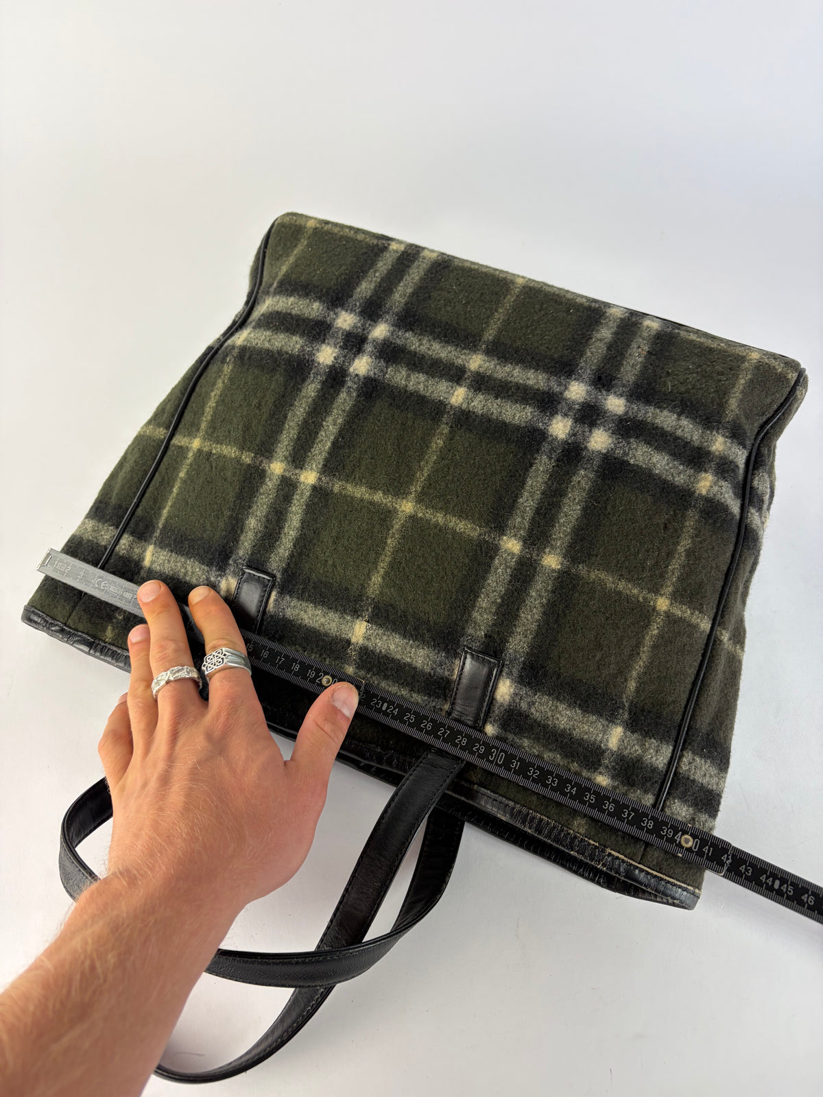Vintage Burberry Plaid Wool Tote Dark Green Black Cream