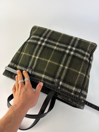 Vintage Burberry Plaid Wool Tote Dark Green Black Cream
