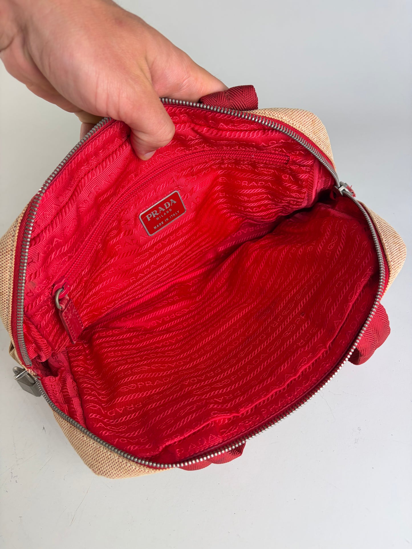 Vintage Prada Canvas Handbag Beige Red Silver