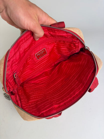 Vintage Prada Canvas Handbag Beige Red Silver