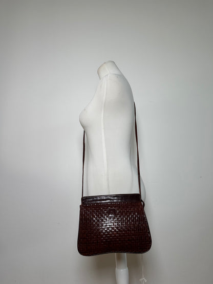 Vintage Fendi Woven Leather Flap Crossbody Bag Late 1990s Dark Brown
