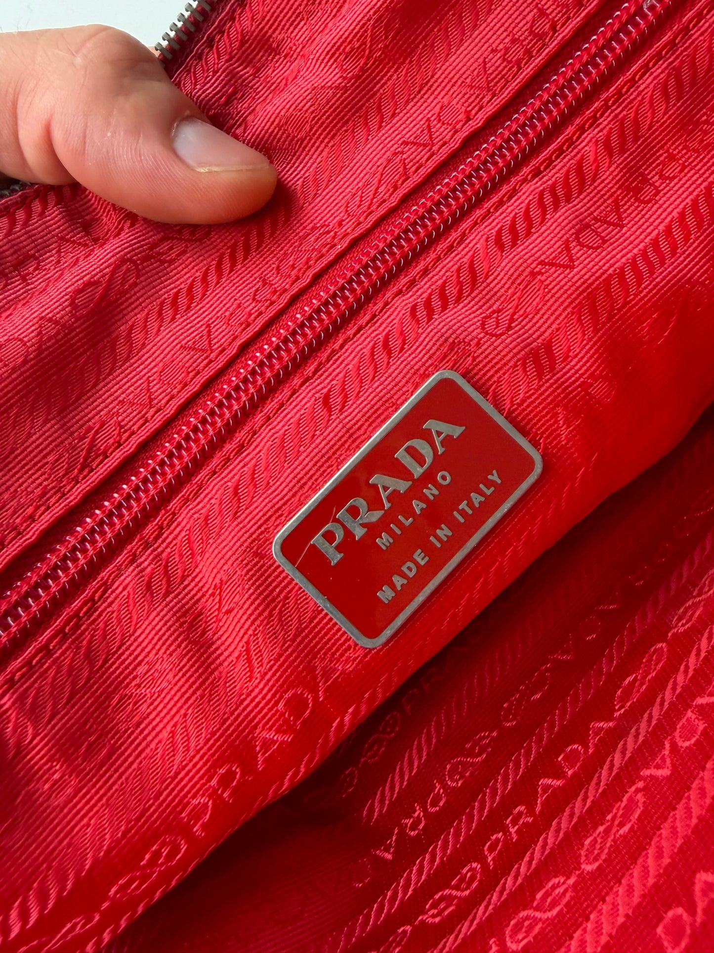 Vintage Prada Canvas Handbag Beige Red Silver