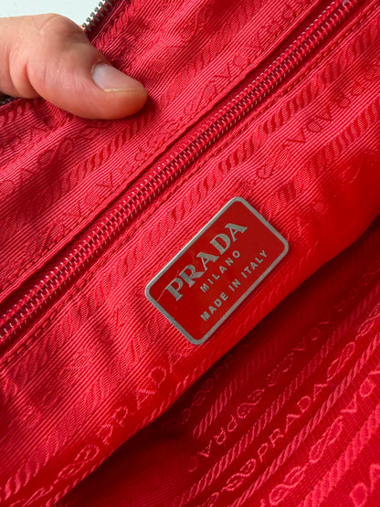 Vintage Prada Canvas Handbag Beige Red Silver