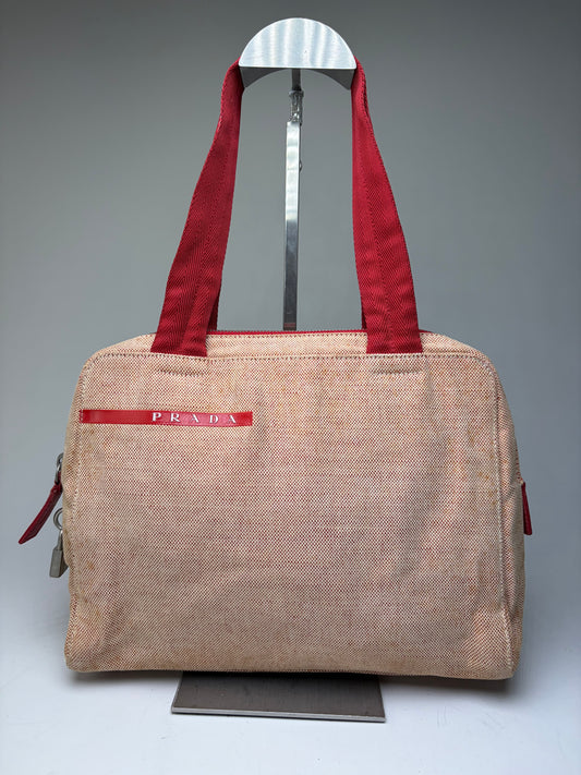 Vintage Prada Canvas Handbag Beige Red Silver
