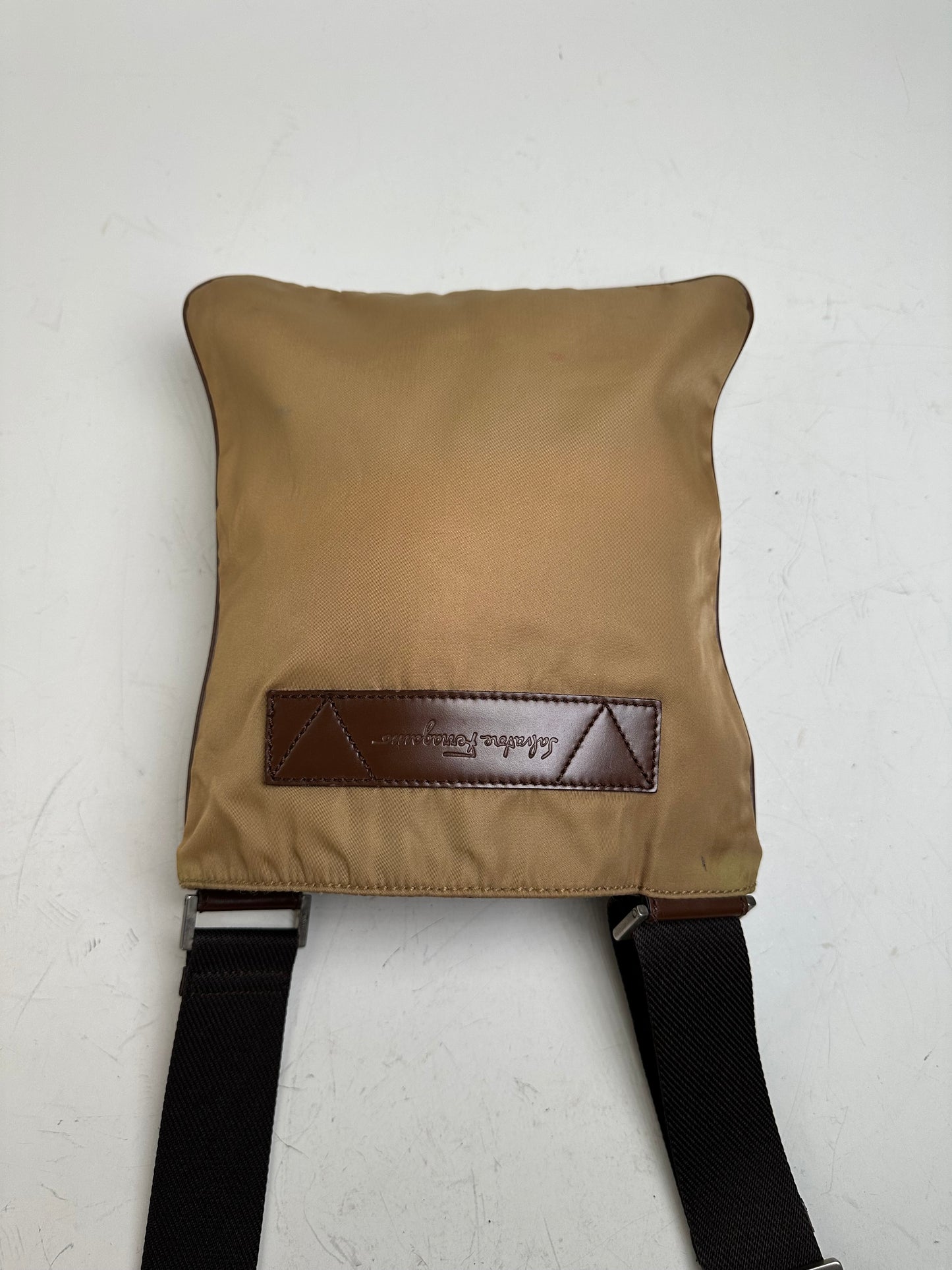 Vintage Ferragamo Nylon Shoulder Bag Beige Silver-Tone