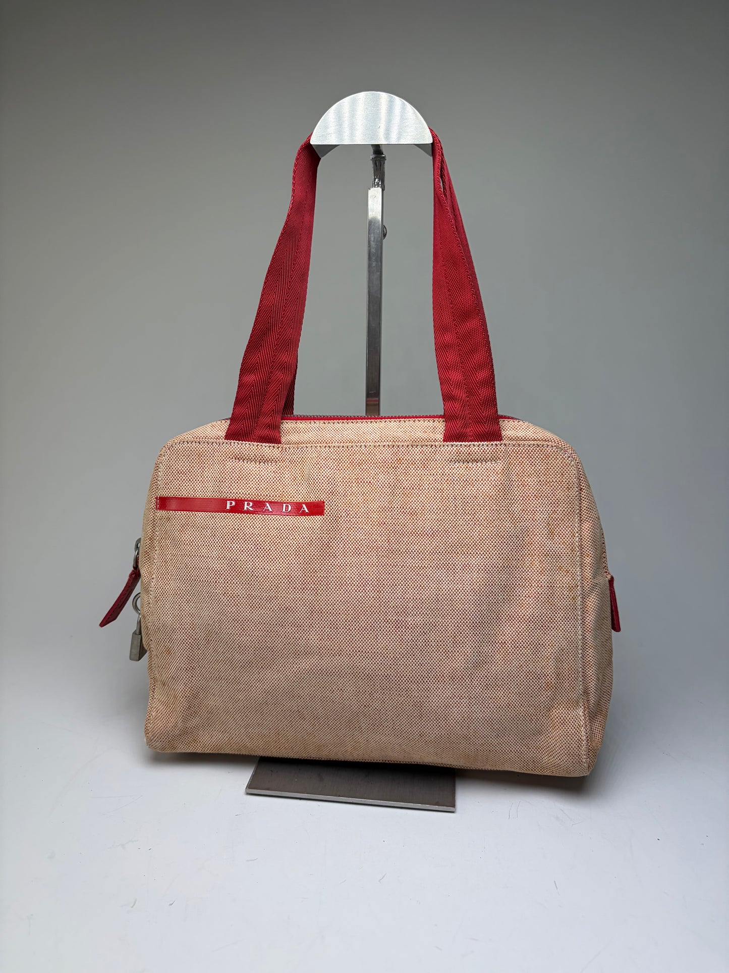 Vintage Prada Canvas Handbag Beige Red Silver