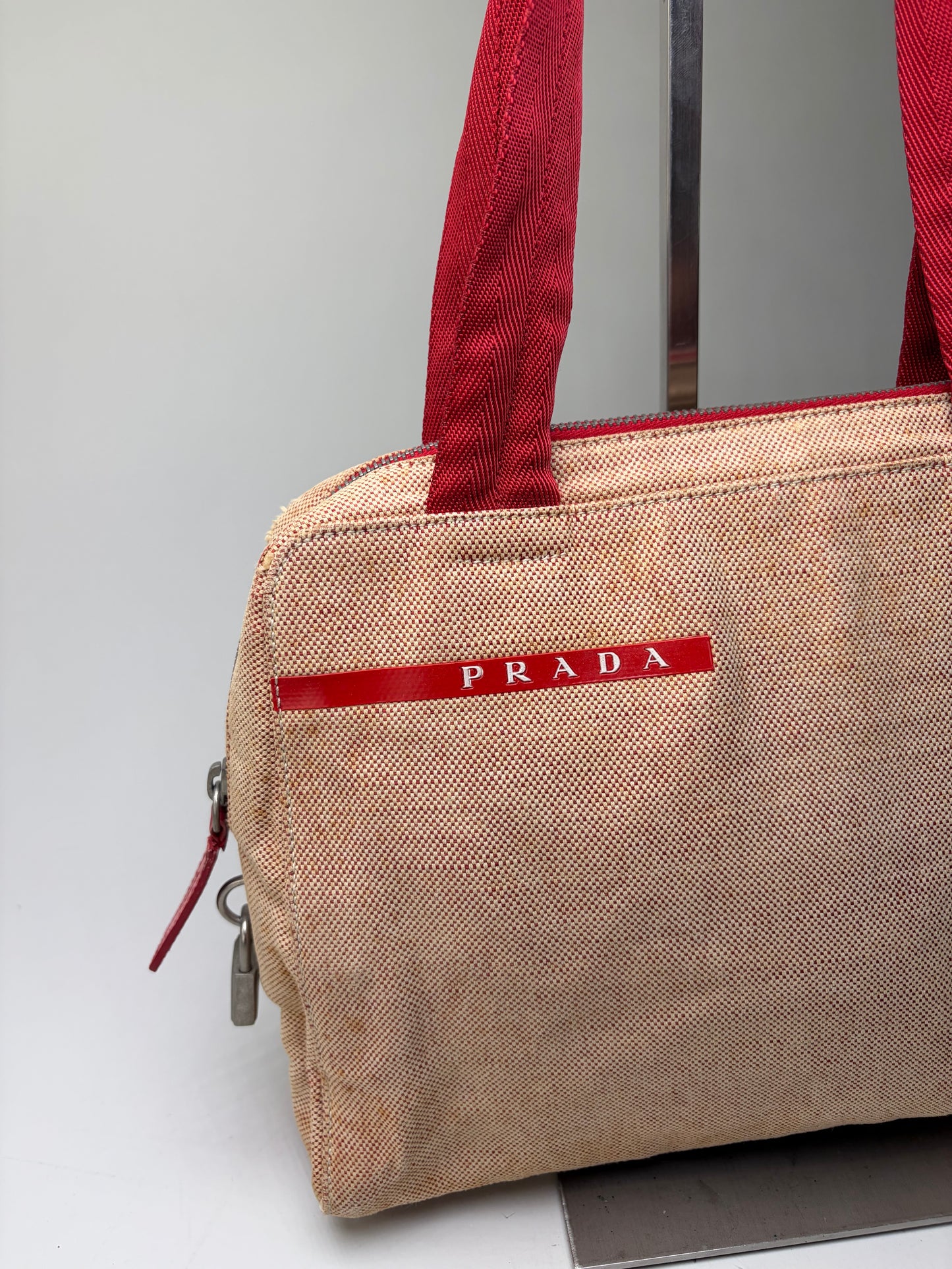 Vintage Prada Canvas Handbag Beige Red Silver