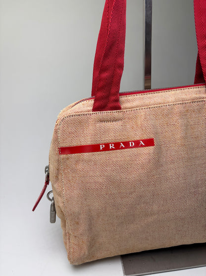 Vintage Prada Canvas Handbag Beige Red Silver