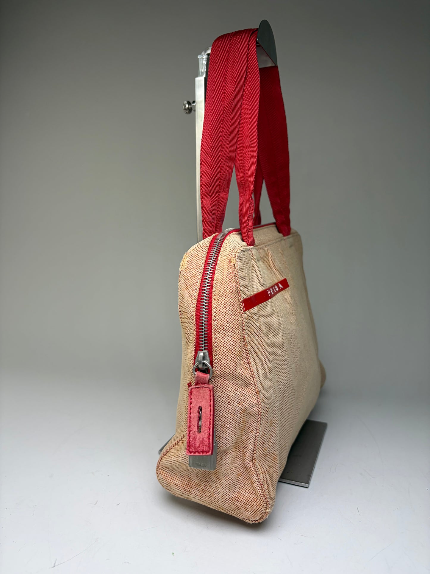 Vintage Prada Canvas Handbag Beige Red Silver