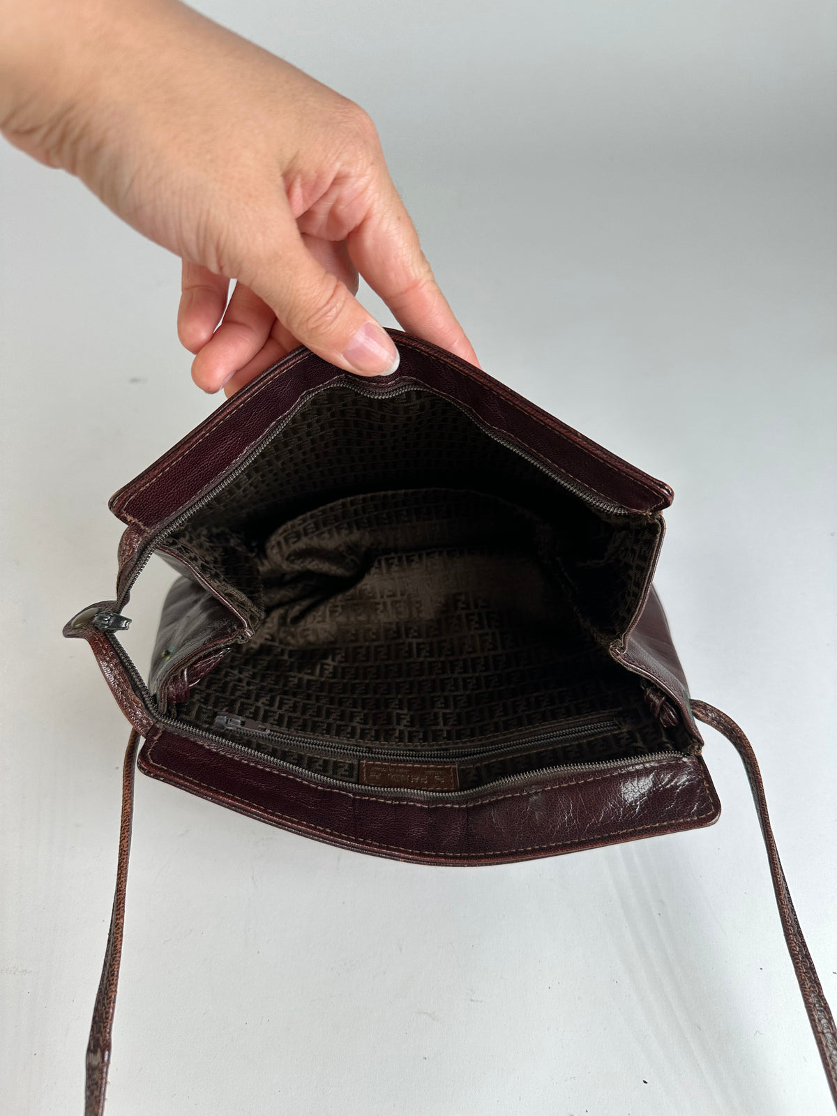 Vintage Fendi Woven Leather Flap Crossbody Bag Late 1990s Dark Brown