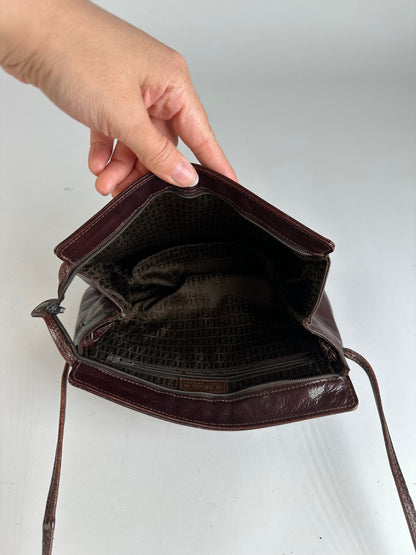 Vintage Fendi Woven Leather Flap Crossbody Bag Late 1990s Dark Brown