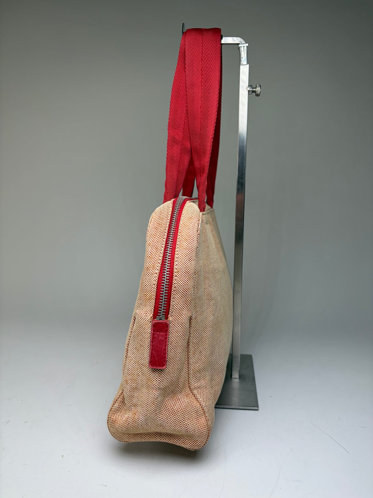 Vintage Prada Canvas Handbag Beige Red Silver