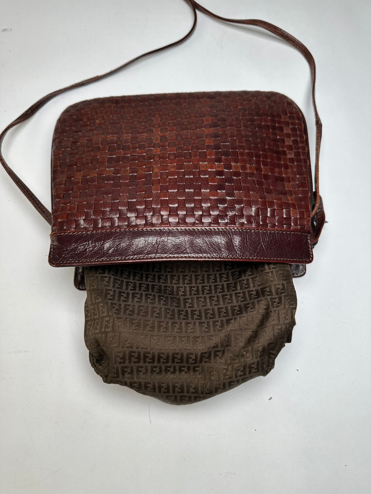Vintage Fendi Woven Leather Flap Crossbody Bag Late 1990s Dark Brown