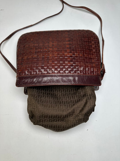 Vintage Fendi Woven Leather Flap Crossbody Bag Late 1990s Dark Brown