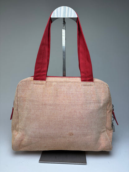 Vintage Prada Canvas Handbag Beige Red Silver