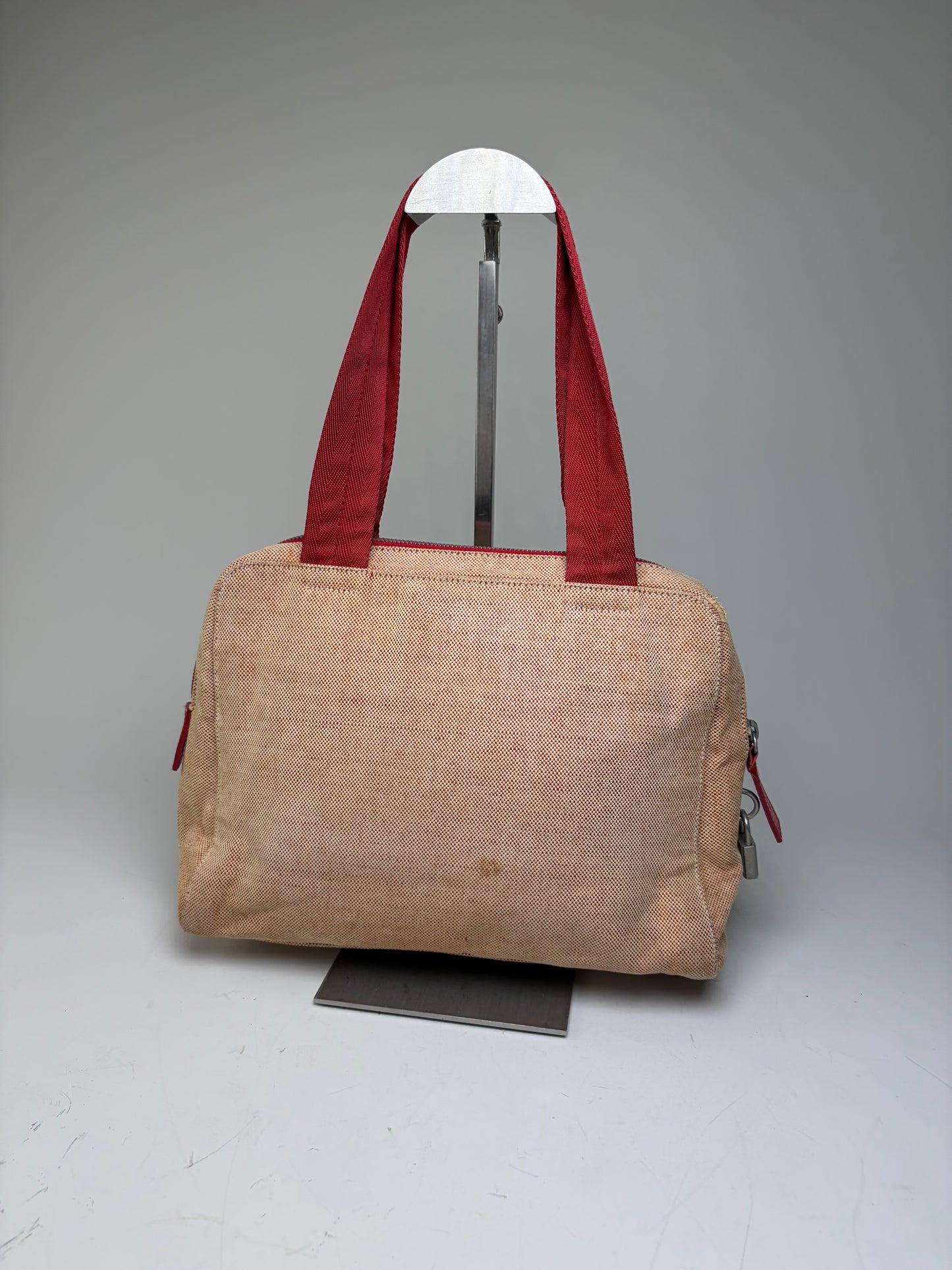 Vintage Prada Canvas Handbag Beige Red Silver
