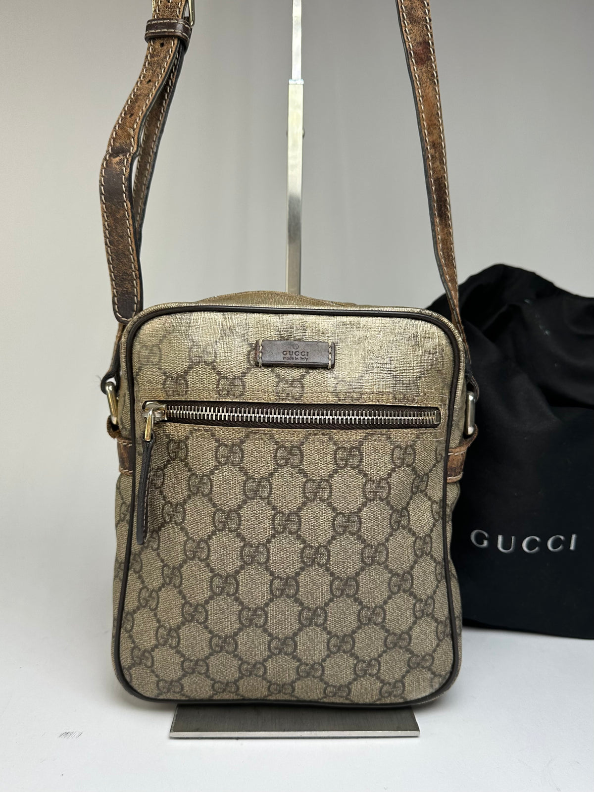 Vintage Gucci GG Supreme Flap Crossbody Bag c. 2010s Beige Brown