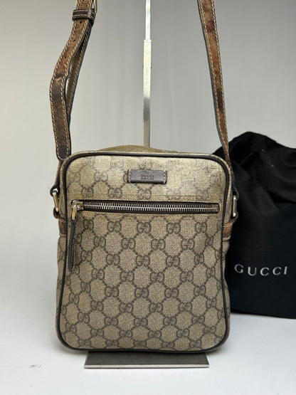 Vintage Gucci GG Supreme Flap Crossbody Bag c. 2010s Beige Brown