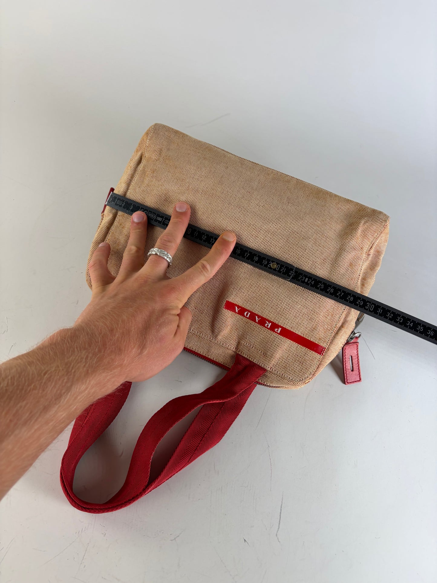 Vintage Prada Canvas Handbag Beige Red Silver