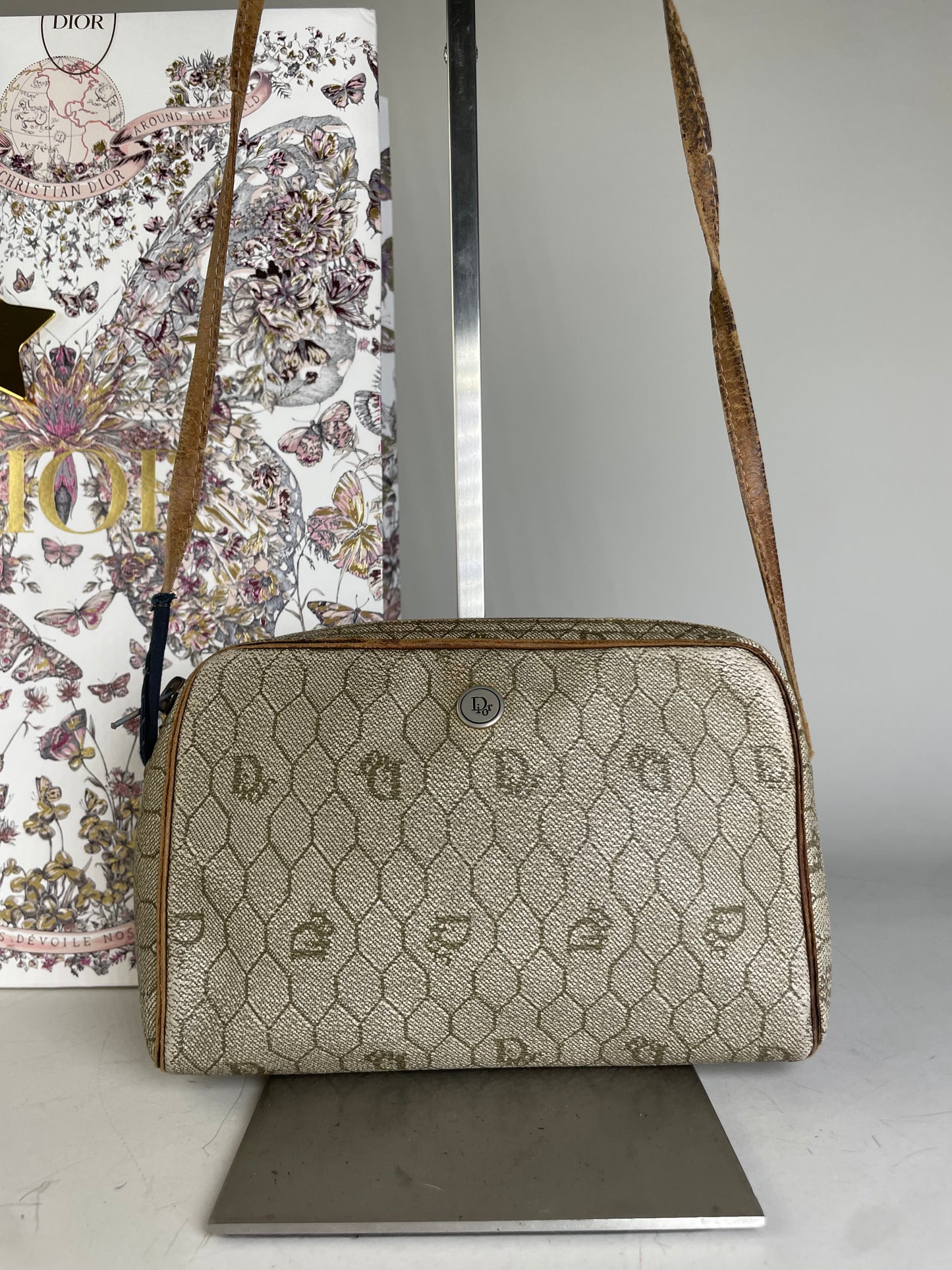 Vintage Dior Oblique Monogram Crossbody Bag Beige Gold
