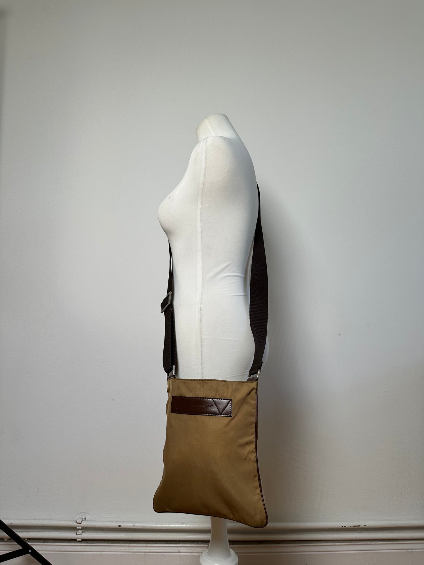 Vintage Ferragamo Nylon Shoulder Bag Beige Silver-Tone