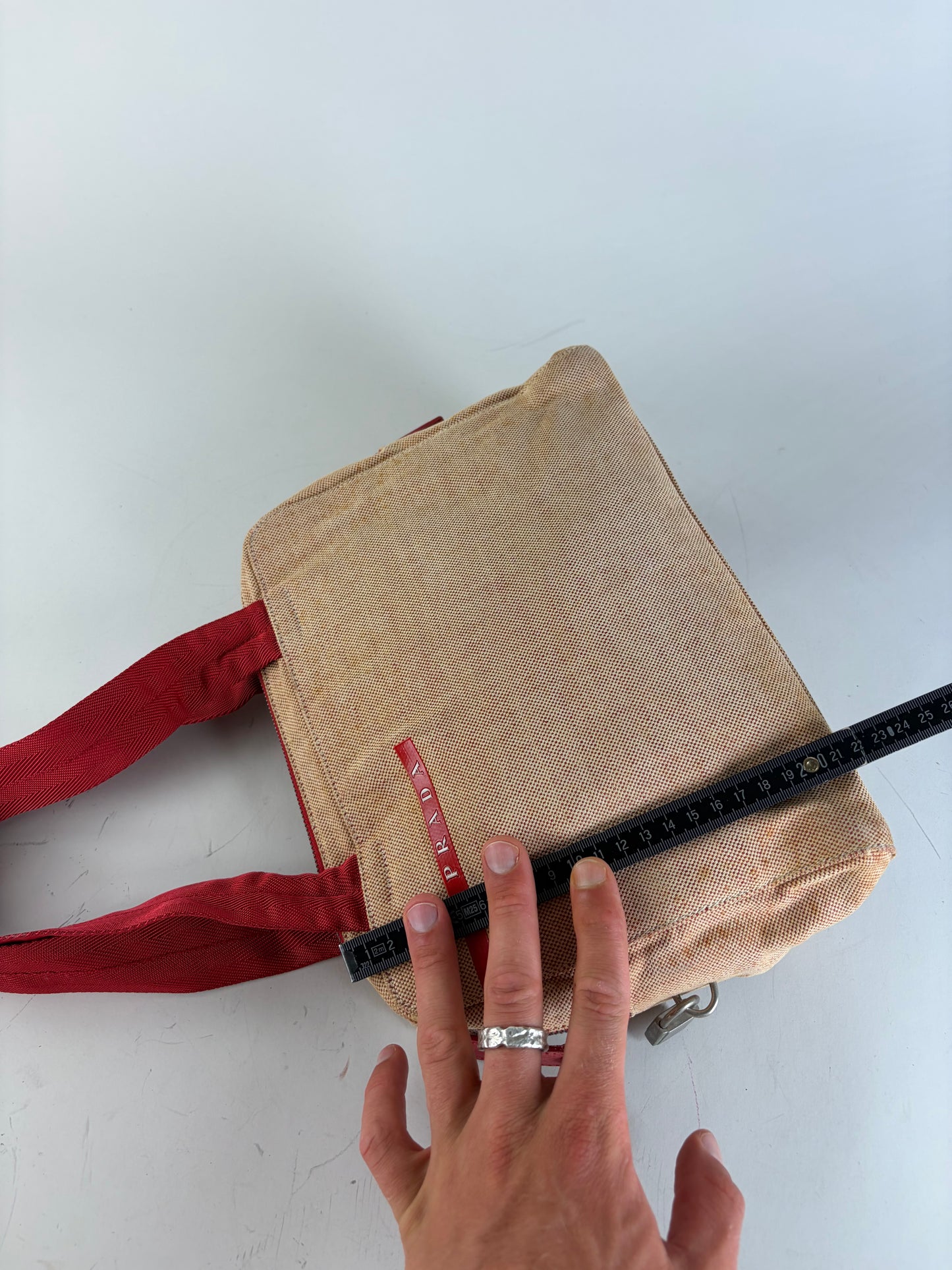 Vintage Prada Canvas Handbag Beige Red Silver