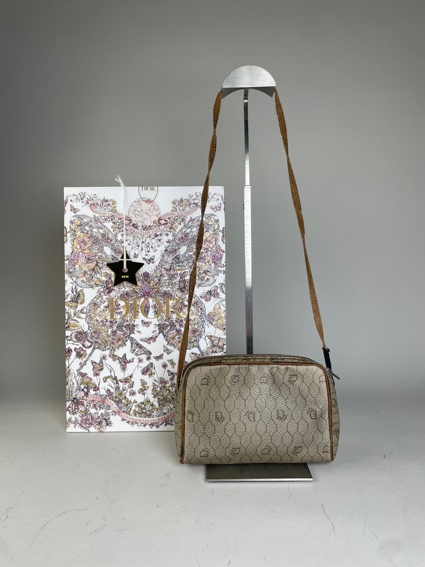 Vintage Dior Oblique Monogram Crossbody Bag Beige Gold