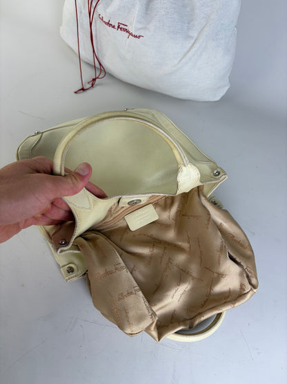 Vintage Ferragamo Saffiano Leather Tote Cream Silver