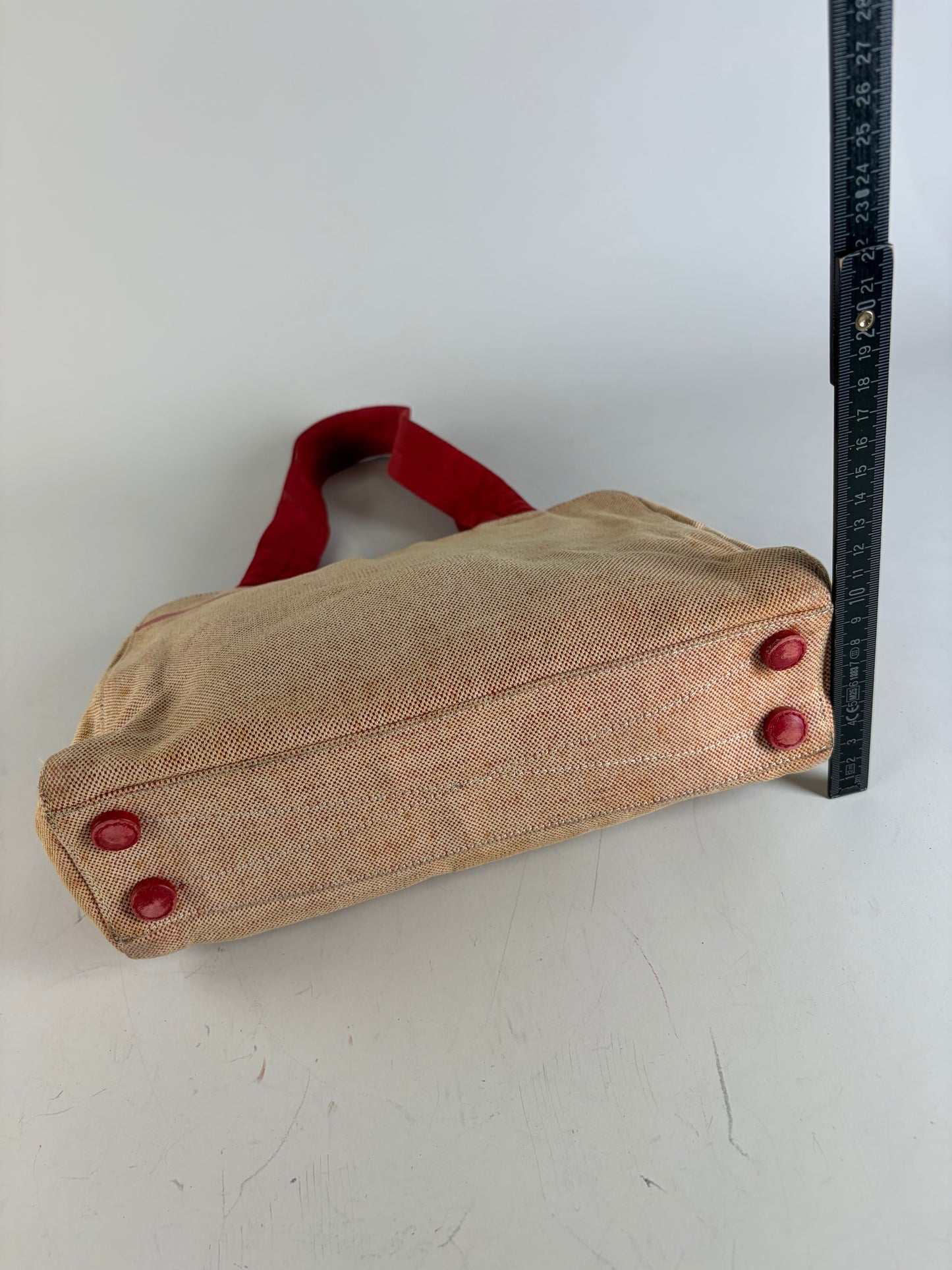 Vintage Prada Canvas Handbag Beige Red Silver