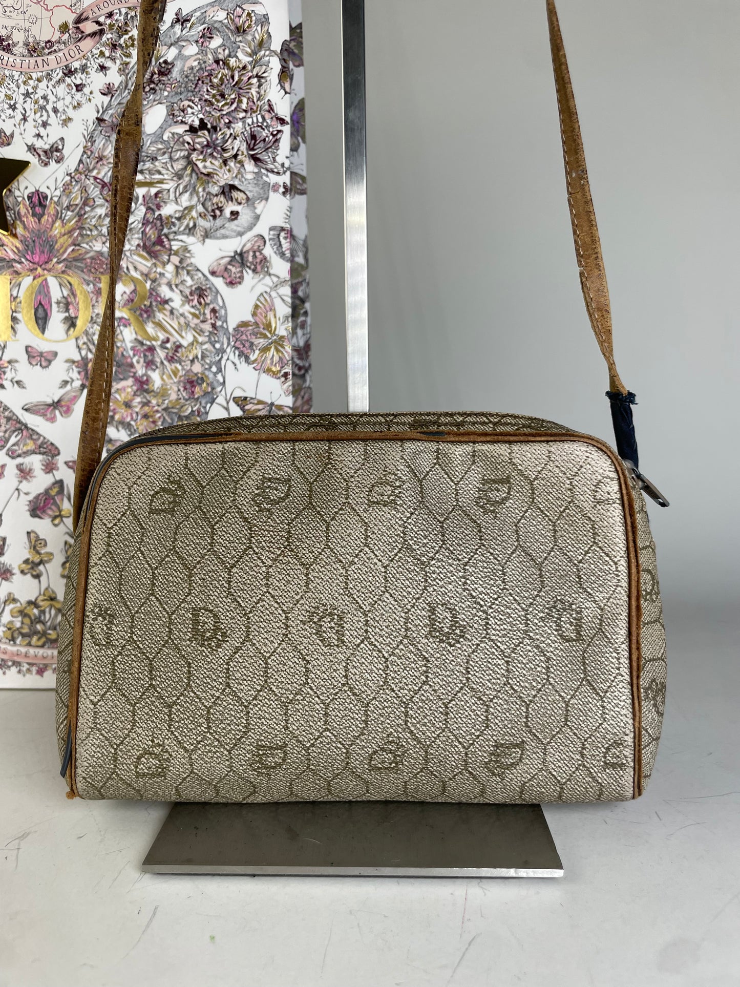 Vintage Dior Oblique Monogram Crossbody Bag Beige Gold