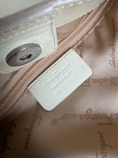 Vintage Ferragamo Saffiano Leather Tote Cream Silver
