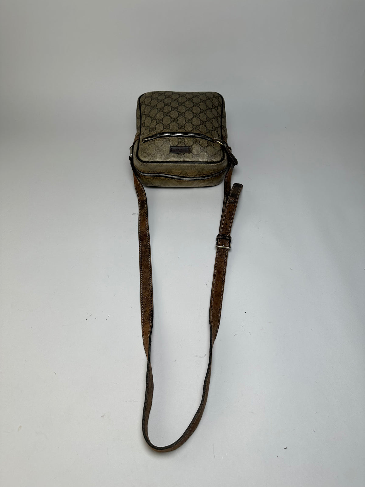 Vintage Gucci GG Supreme Flap Crossbody Bag c. 2010s Beige Brown