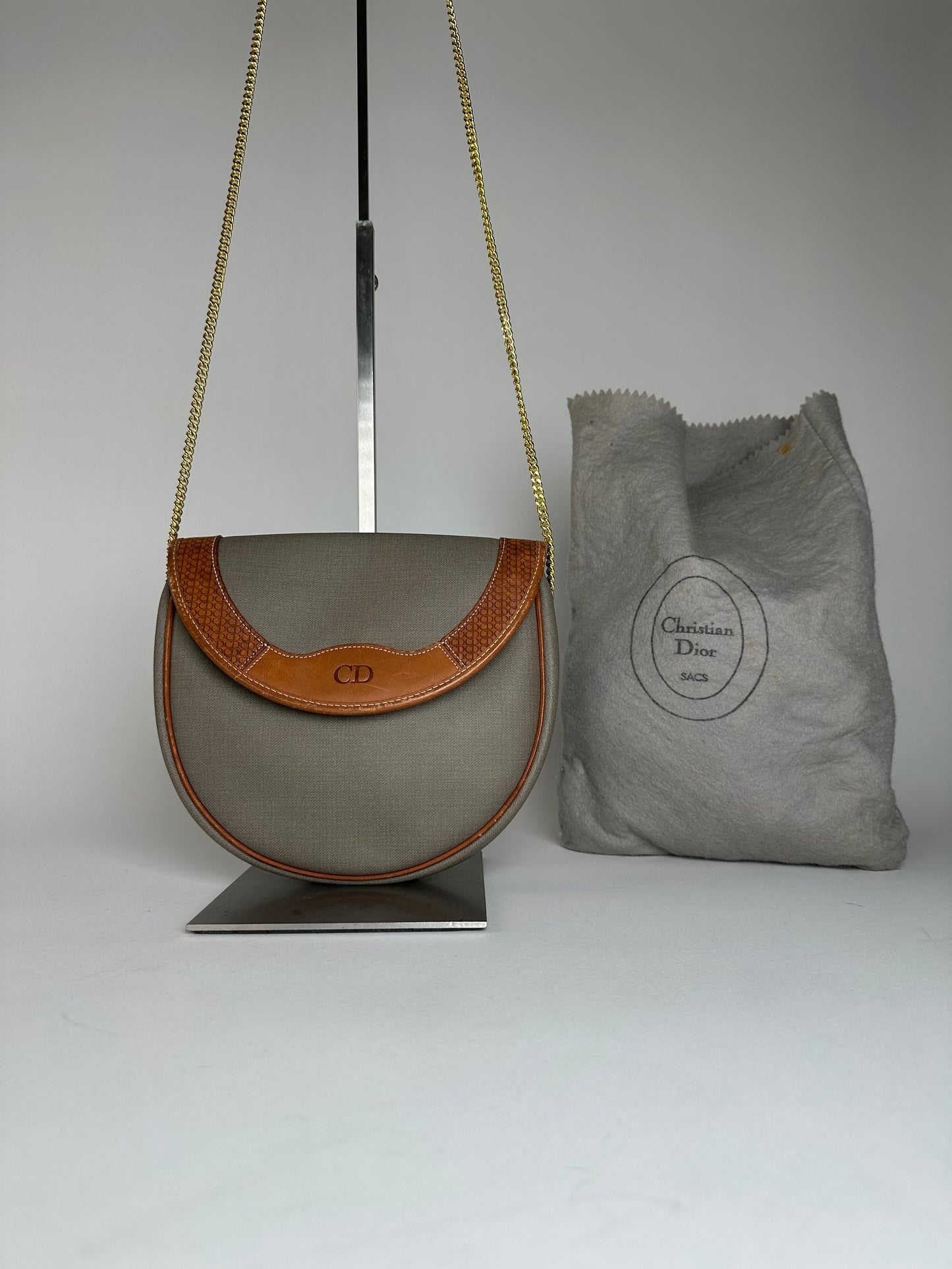 Vintage Dior Leather Canvas Shoulder Bag Grey Brown
