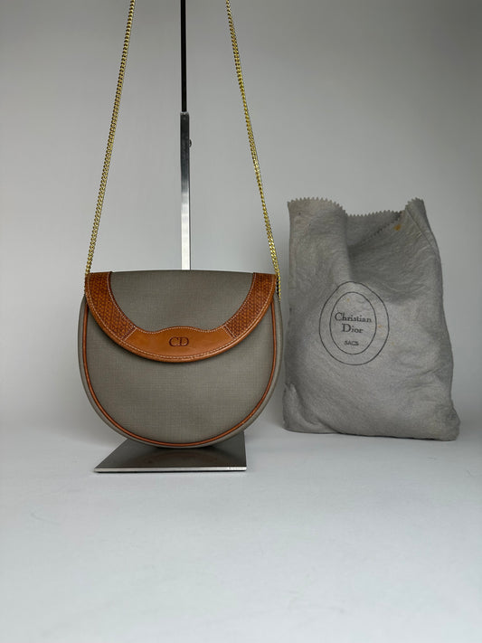 Vintage Dior Leather Canvas Shoulder Bag Grey Brown