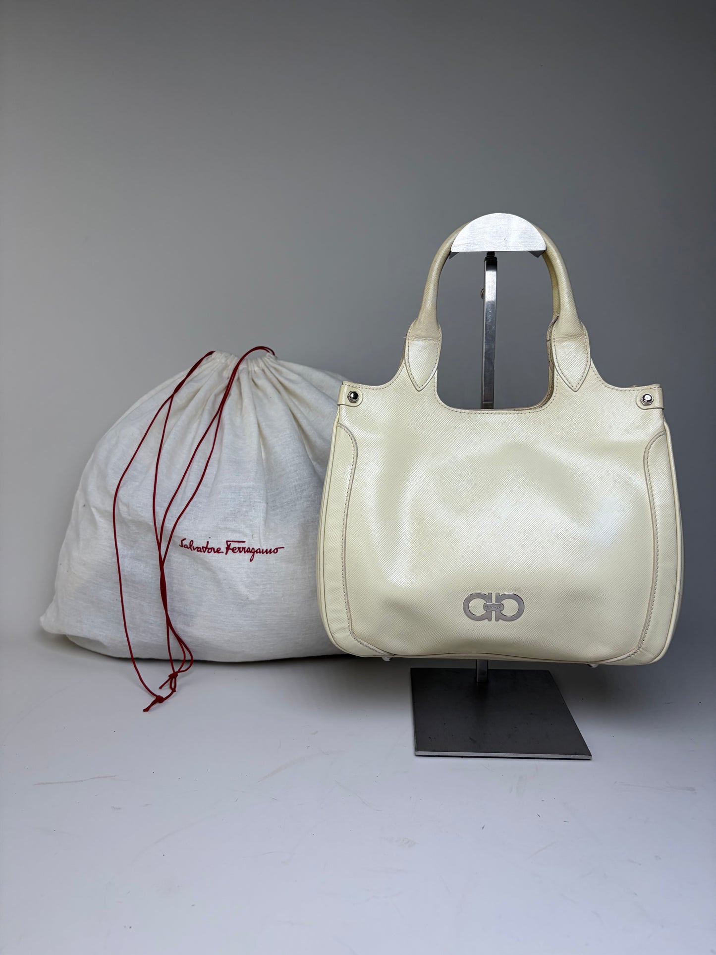 Vintage Ferragamo Saffiano Leather Tote Cream Silver