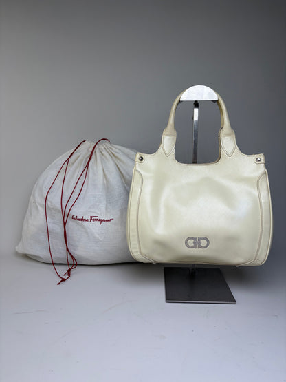 Vintage Ferragamo Saffiano Leather Tote Cream Silver