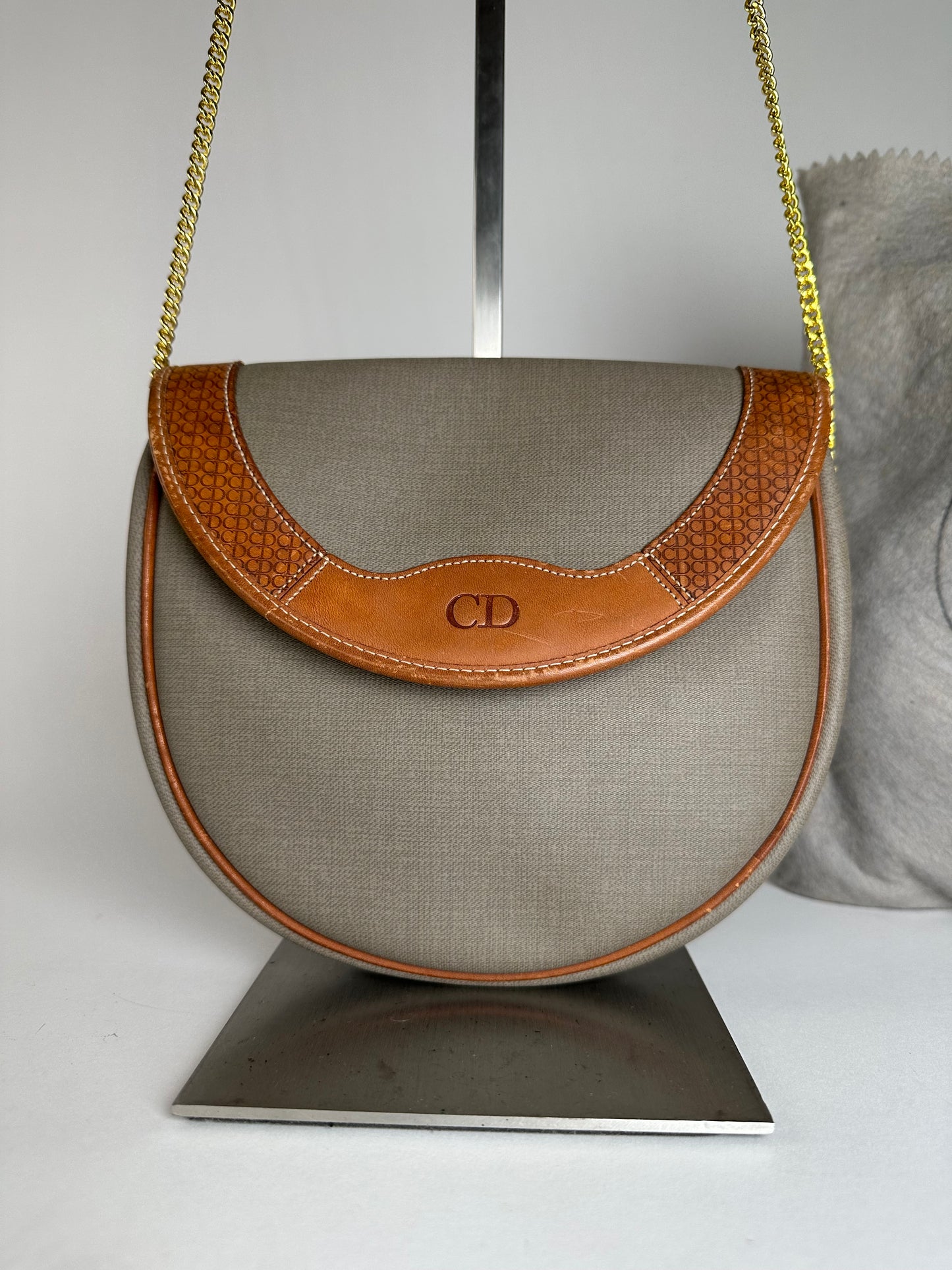 Vintage Dior Leather Canvas Shoulder Bag Grey Brown