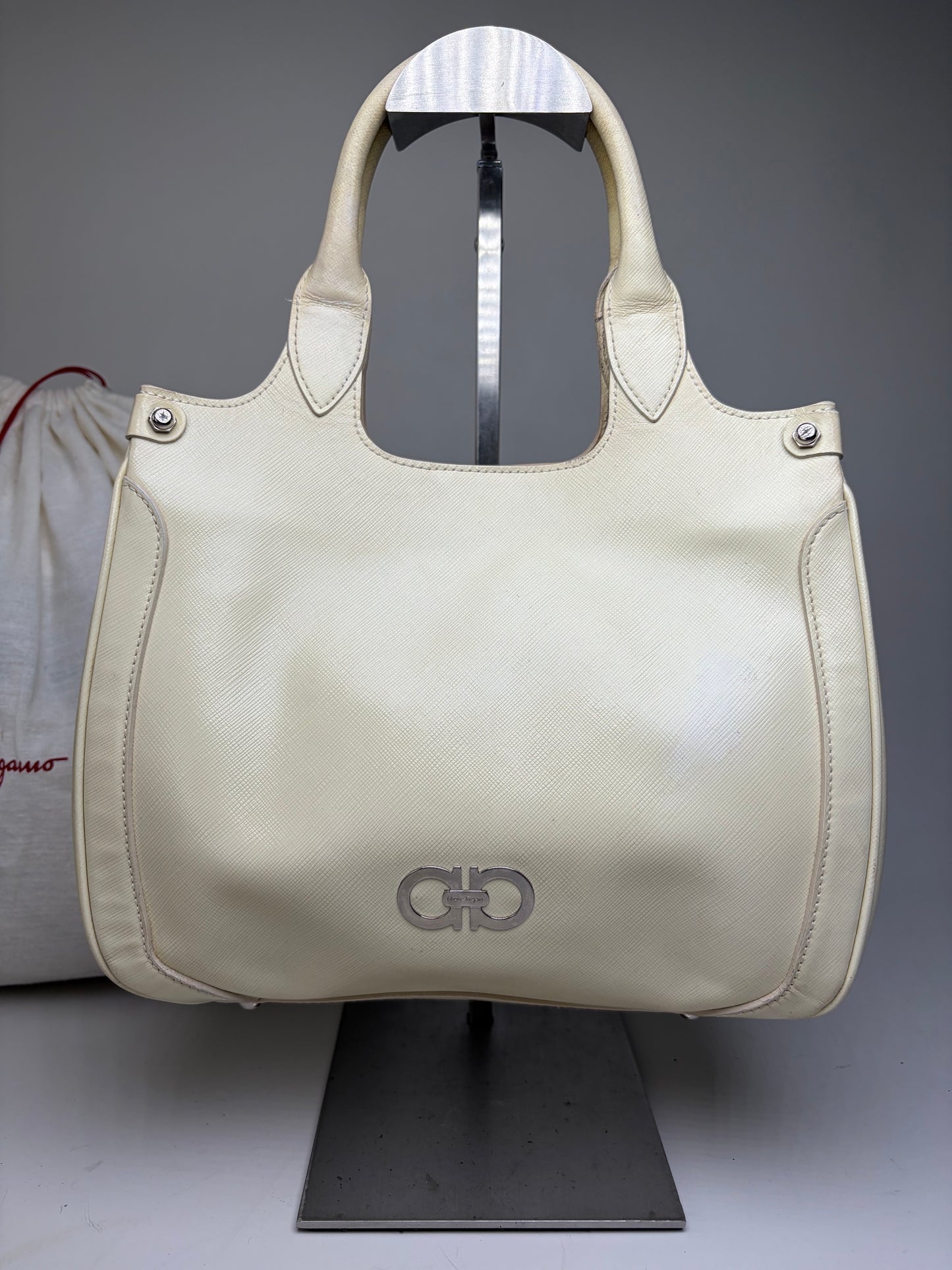 Vintage Ferragamo Saffiano Leather Tote Cream Silver