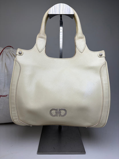 Vintage Ferragamo Saffiano Leather Tote Cream Silver