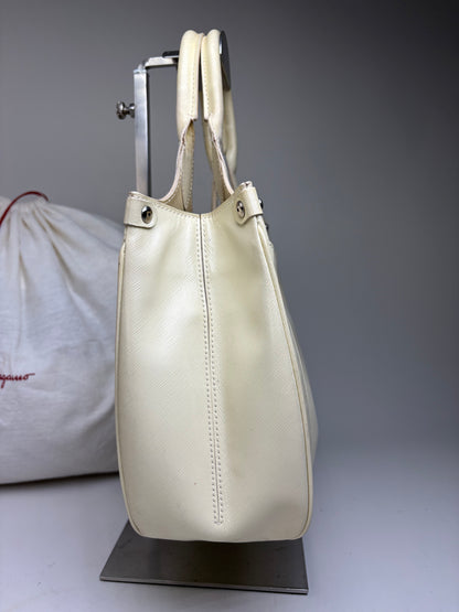 Vintage Ferragamo Saffiano Leather Tote Cream Silver