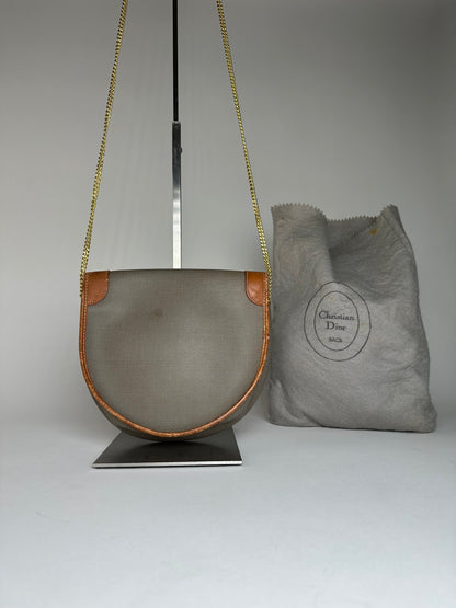 Vintage Dior Leather Canvas Shoulder Bag Grey Brown