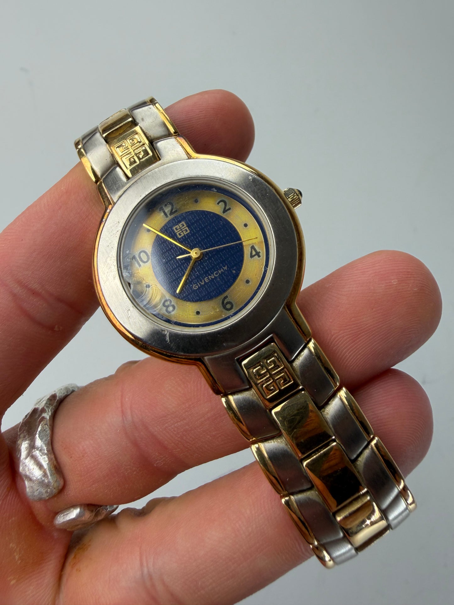 Vintage Givenchy Stainless Steel Bracelet Watch Gold Blue